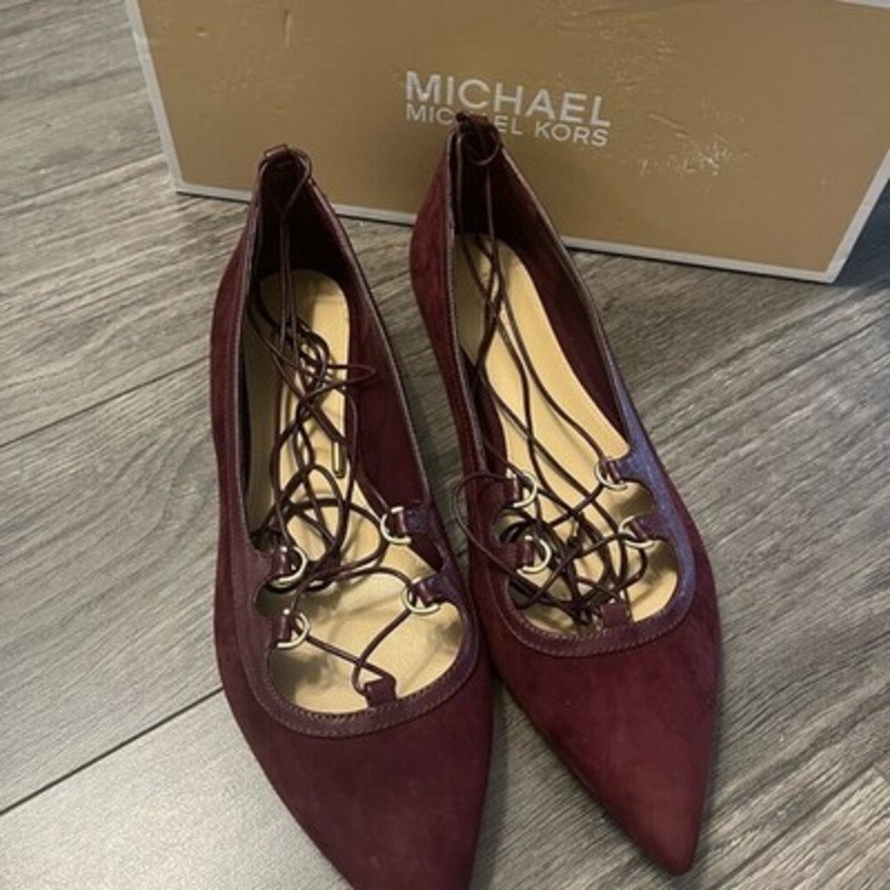 Michael Kors Plum Suede Tabby Flats, Size 9.5M, Elegant Lace-Up Design